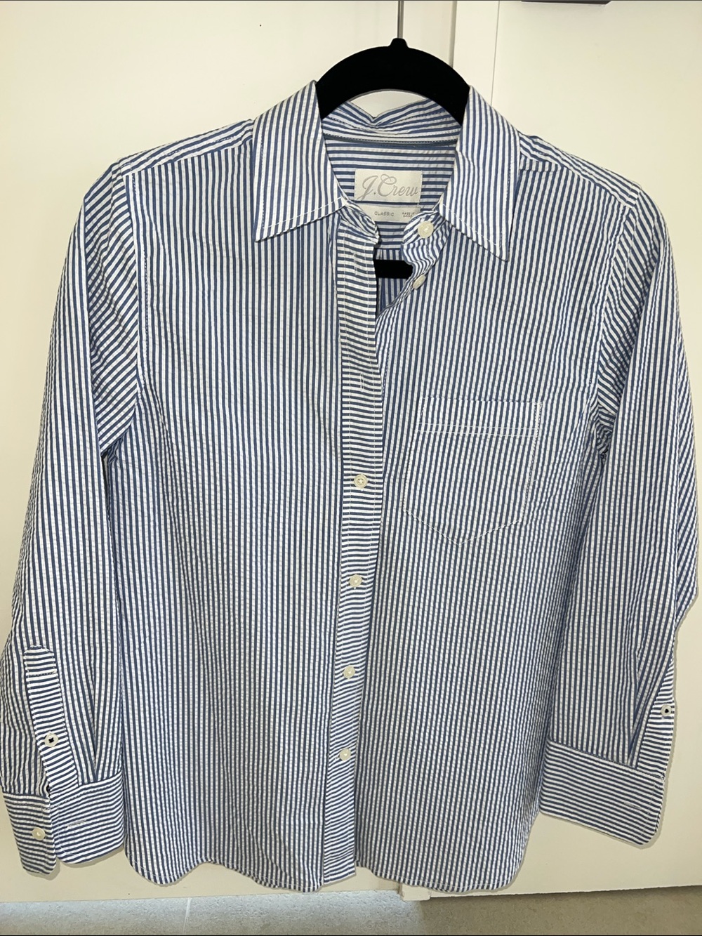 J. Crew Women’s Blue and White Vertical Stripe Seersucker Shirt
